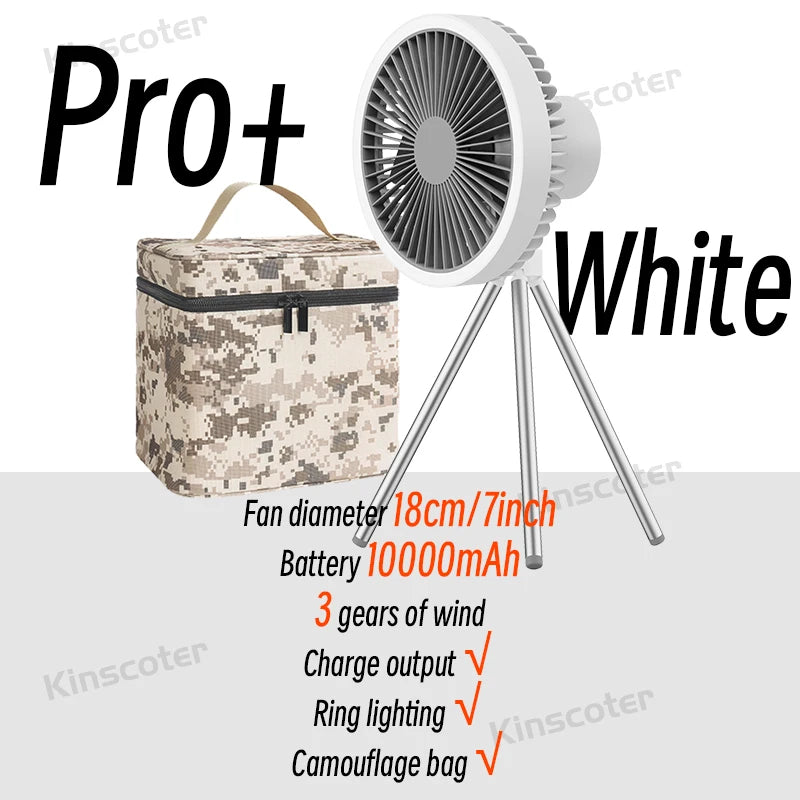 10000mAh Camping Fan with LED & Power Bank – Foldable Tripod