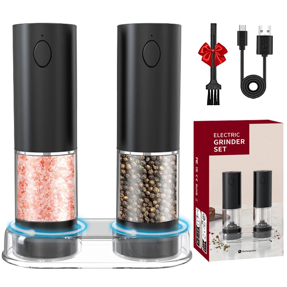 USB Rechargeable Electric Salt & Pepper Grinder with LED – One-Handed Spice Mill