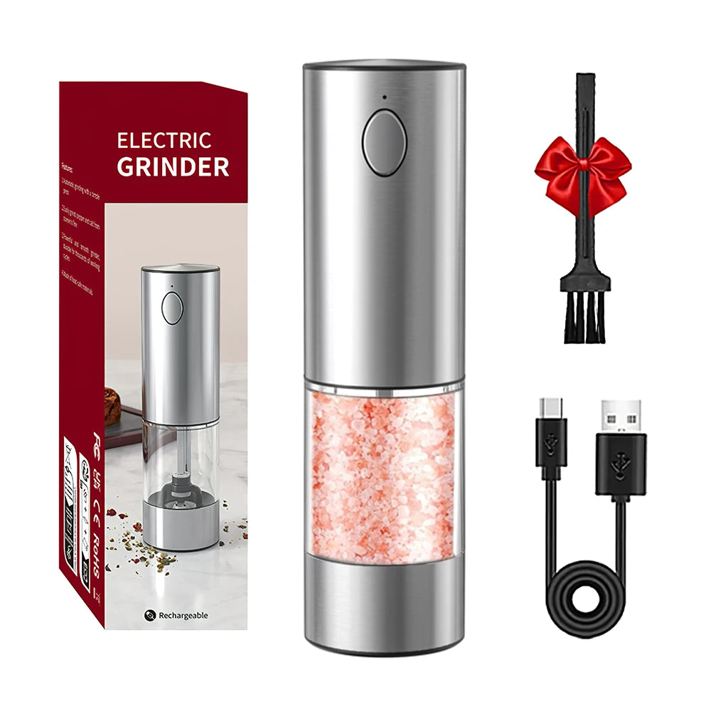 USB Rechargeable Electric Salt & Pepper Grinder with LED – One-Handed Spice Mill