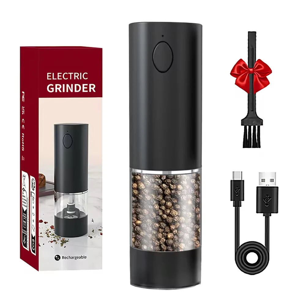 USB Rechargeable Electric Salt & Pepper Grinder with LED – One-Handed Spice Mill