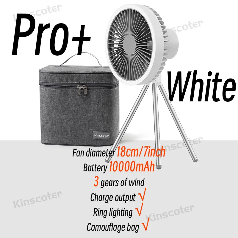 10000mAh Camping Fan with LED & Power Bank – Foldable Tripod