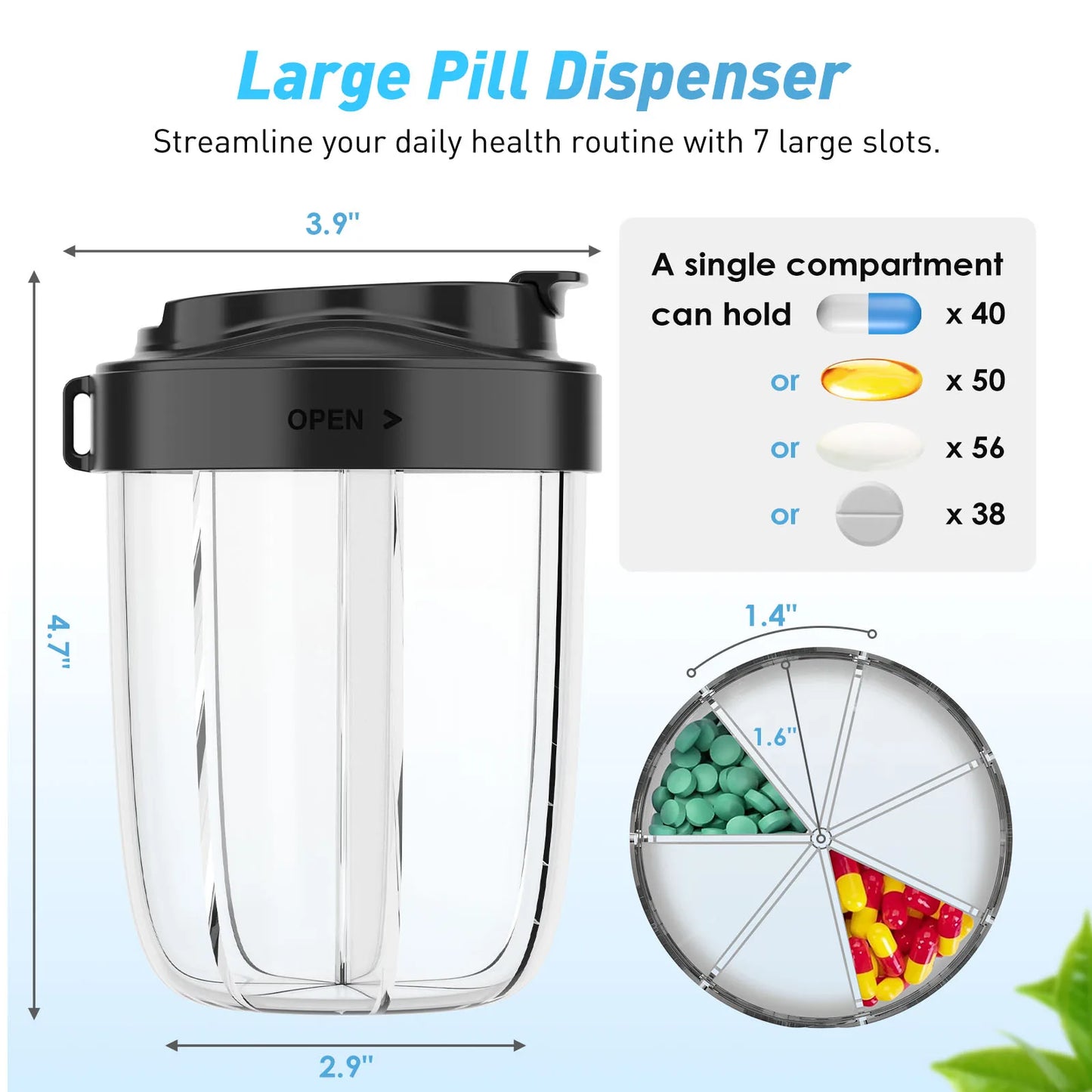 7-Grid Large Pill Organizer Bottle with Cup & Strap – Travel Supplement Holder