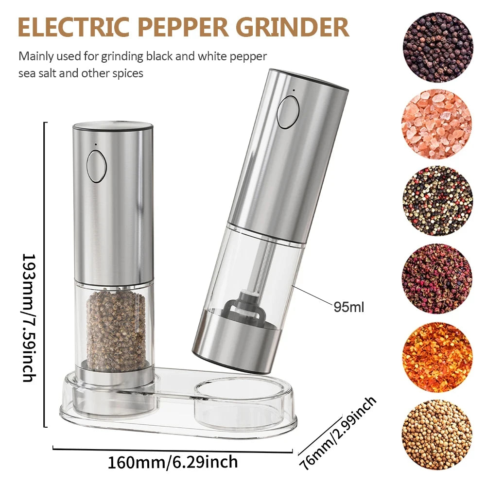 USB Rechargeable Electric Salt & Pepper Grinder with LED – One-Handed Spice Mill