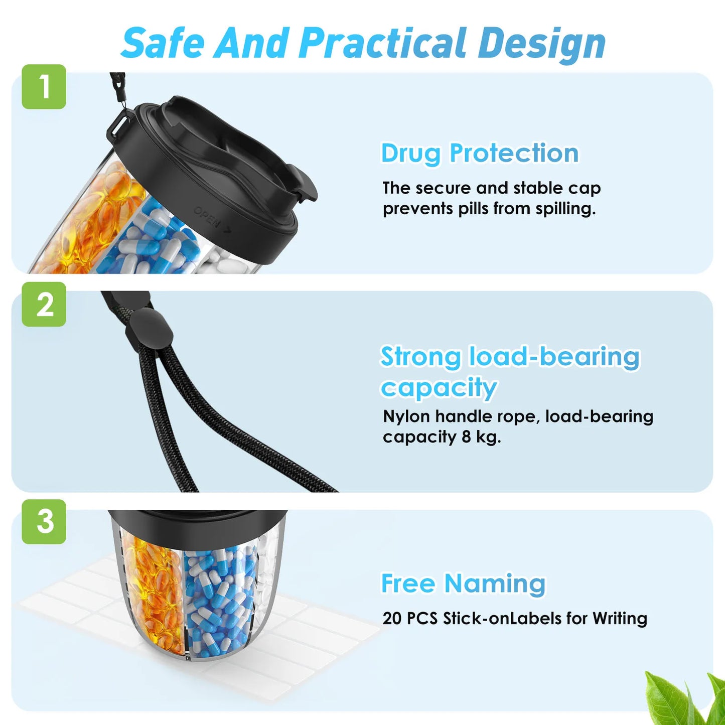 7-Grid Large Pill Organizer Bottle with Cup & Strap – Travel Supplement Holder