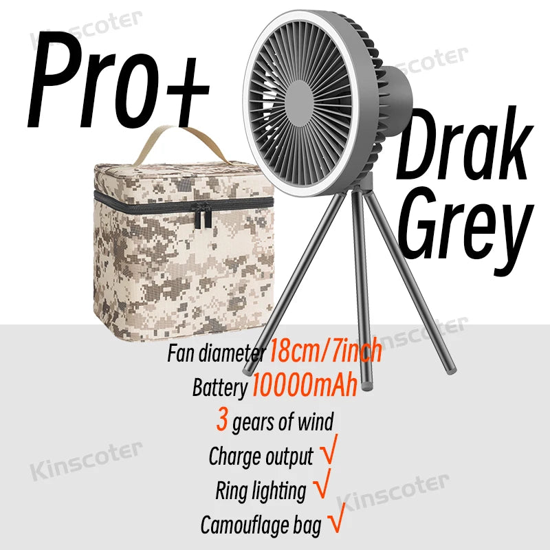 10000mAh Camping Fan with LED & Power Bank – Foldable Tripod