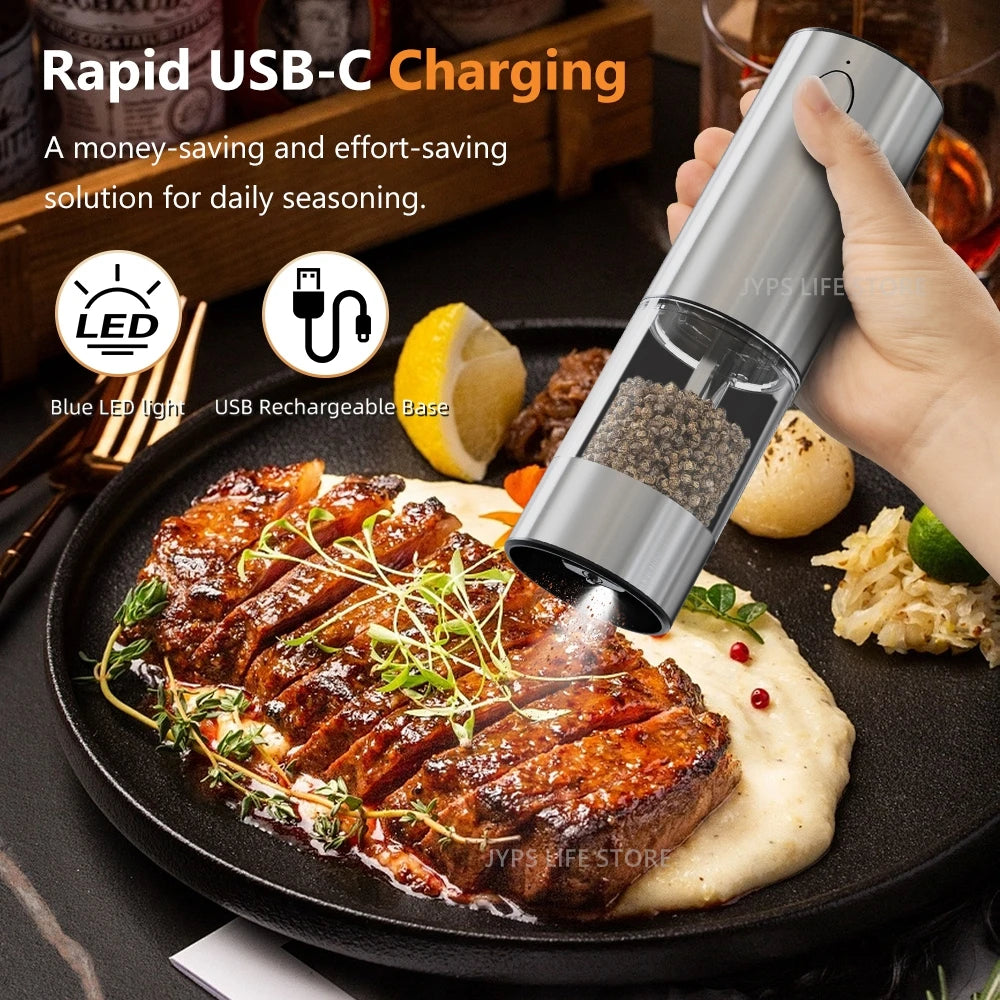 USB Rechargeable Electric Salt & Pepper Grinder with LED – One-Handed Spice Mill
