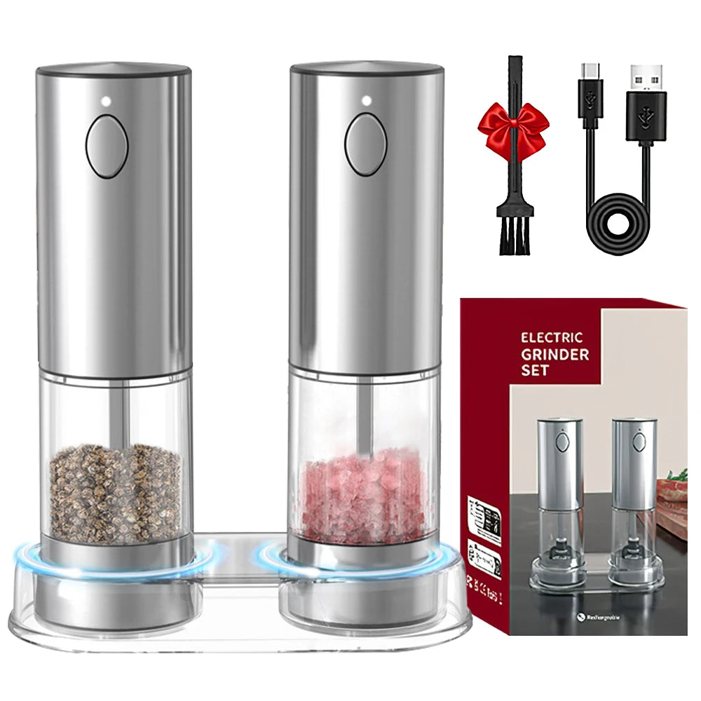 USB Rechargeable Electric Salt & Pepper Grinder with LED – One-Handed Spice Mill