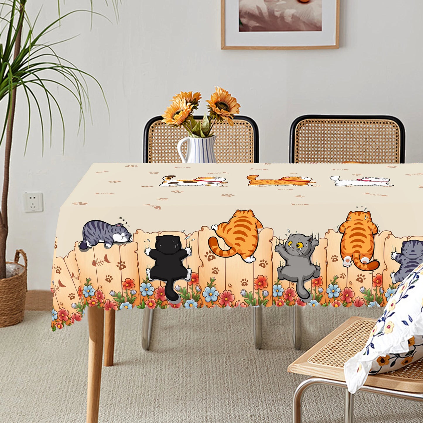 Cute Cat Cartoon Round Tablecloth