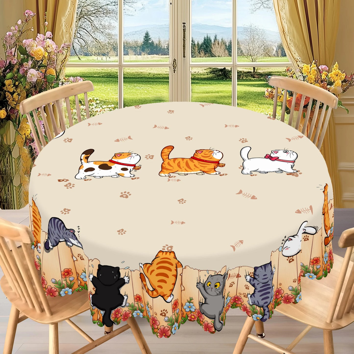 Cute Cat Cartoon Round Tablecloth