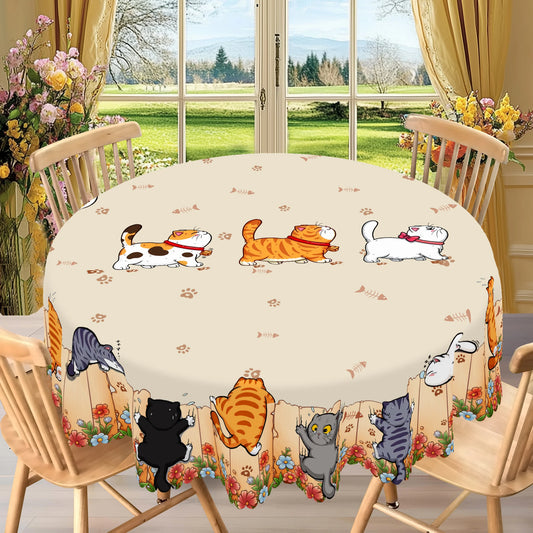 Cute Cat Cartoon Round Tablecloth