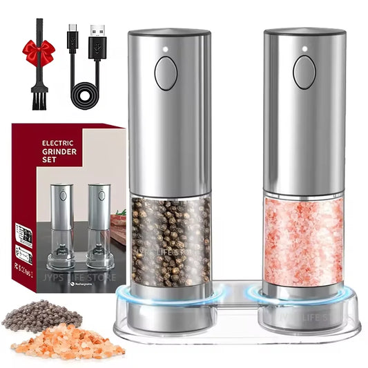 USB Rechargeable Electric Salt & Pepper Grinder with LED – One-Handed Spice Mill