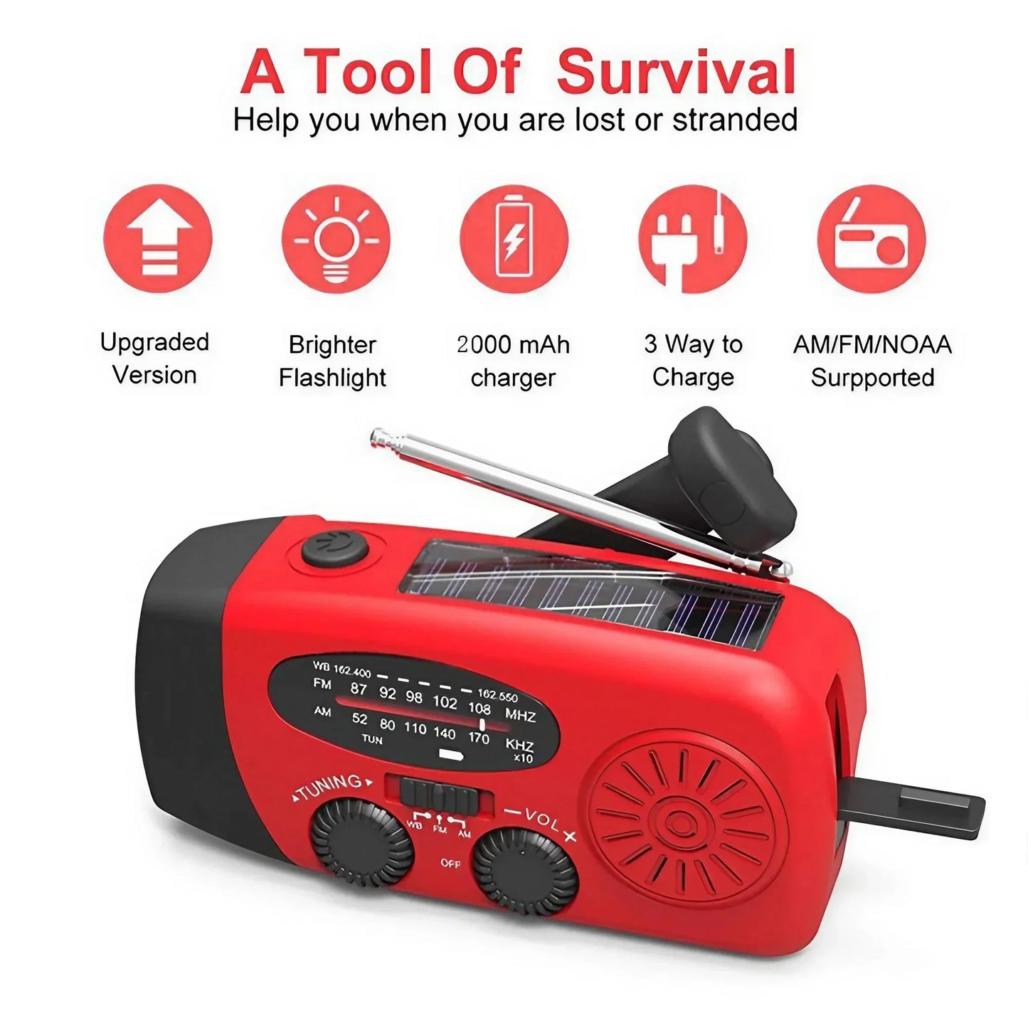 STONEGO Emergency Hand Crank Radio with Solar & LED Light