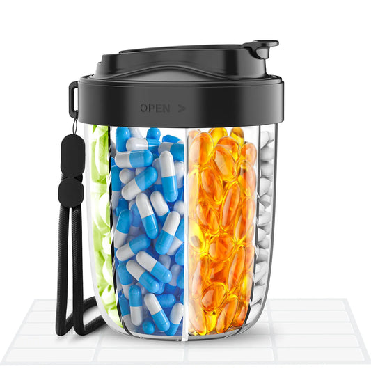 7-Grid Large Pill Organizer Bottle with Cup & Strap – Travel Supplement Holder