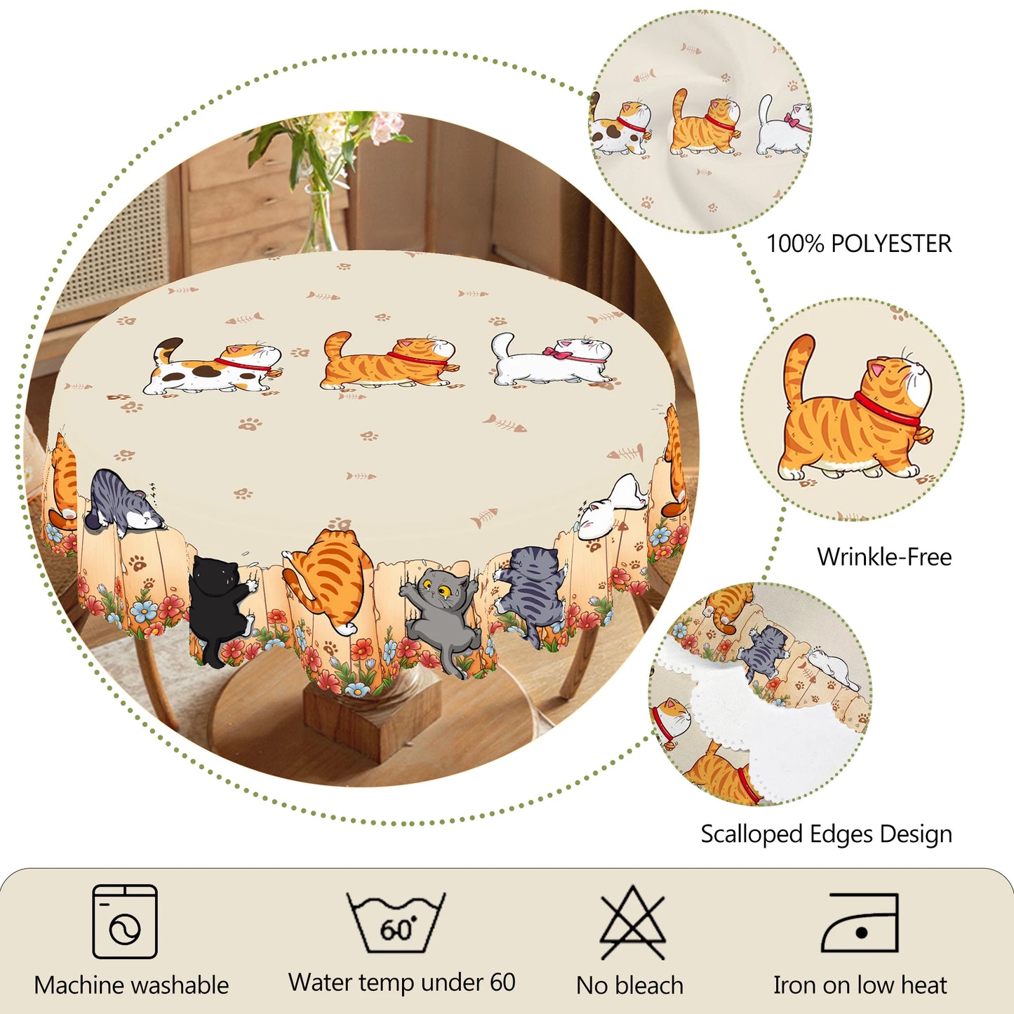 Cute Cat Cartoon Round Tablecloth