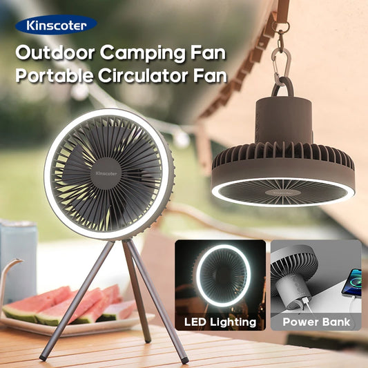 10000mAh Camping Fan with LED & Power Bank – Foldable Tripod