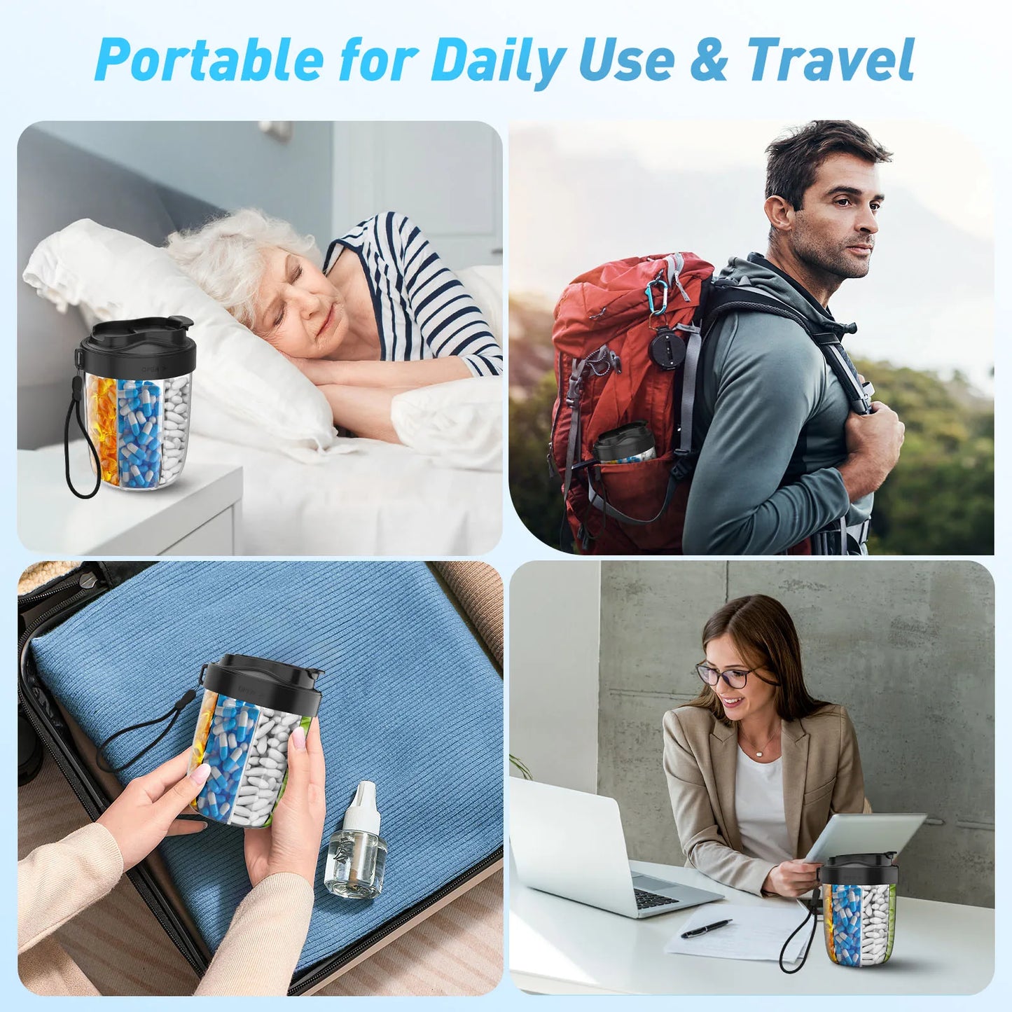 7-Grid Large Pill Organizer Bottle with Cup & Strap – Travel Supplement Holder